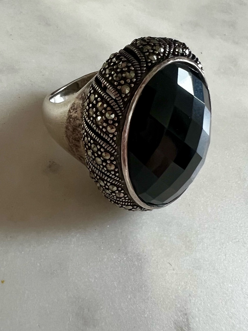 Vintage Judith Jack JJ 925 Sterling Silver Black Onyx Marcasite Art Deco Ring 7